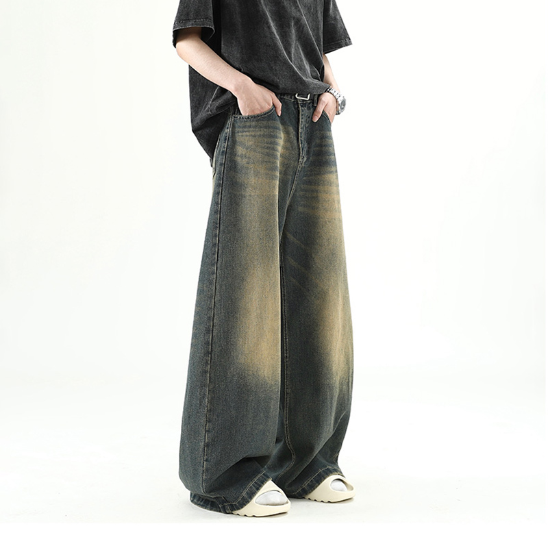 Hommes Denim pantalon vieux bleu lavé mâle jean droit décontracté hommes ample jambe large pantalon nouvelle mode coréenne haute rue Denim