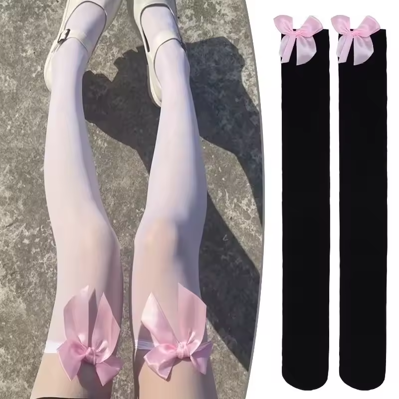 Mignon Sexy femmes bonneterie Lolita bas transparents couleur unie beau nœud noir blanc rose cuisse haute bas femme genou