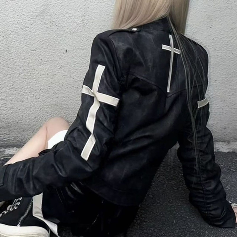 Veste pour femme à col à revers et fermeture éclair, style Y2K Gothique Harajuku Punk, à manches longues
