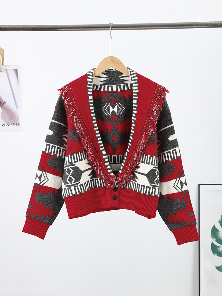 Cardigan imprimé Patchwork à franges pour femme, ceinture, col rabattu, manches longues, tricoté, pull de rue, Vintage, manteau d'automne 2025