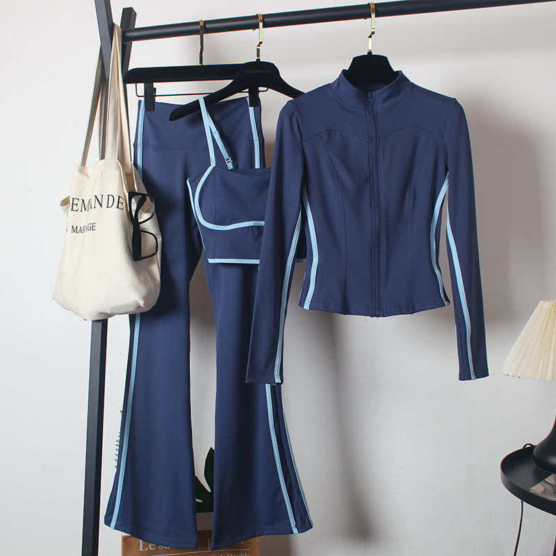 Ensemble de costumes de yoga 3 pièces pour femmes : Manteau de printemps, soutien-gorge et pantalon évasé taille haute – Tenues de danse et de course matinale pour femme