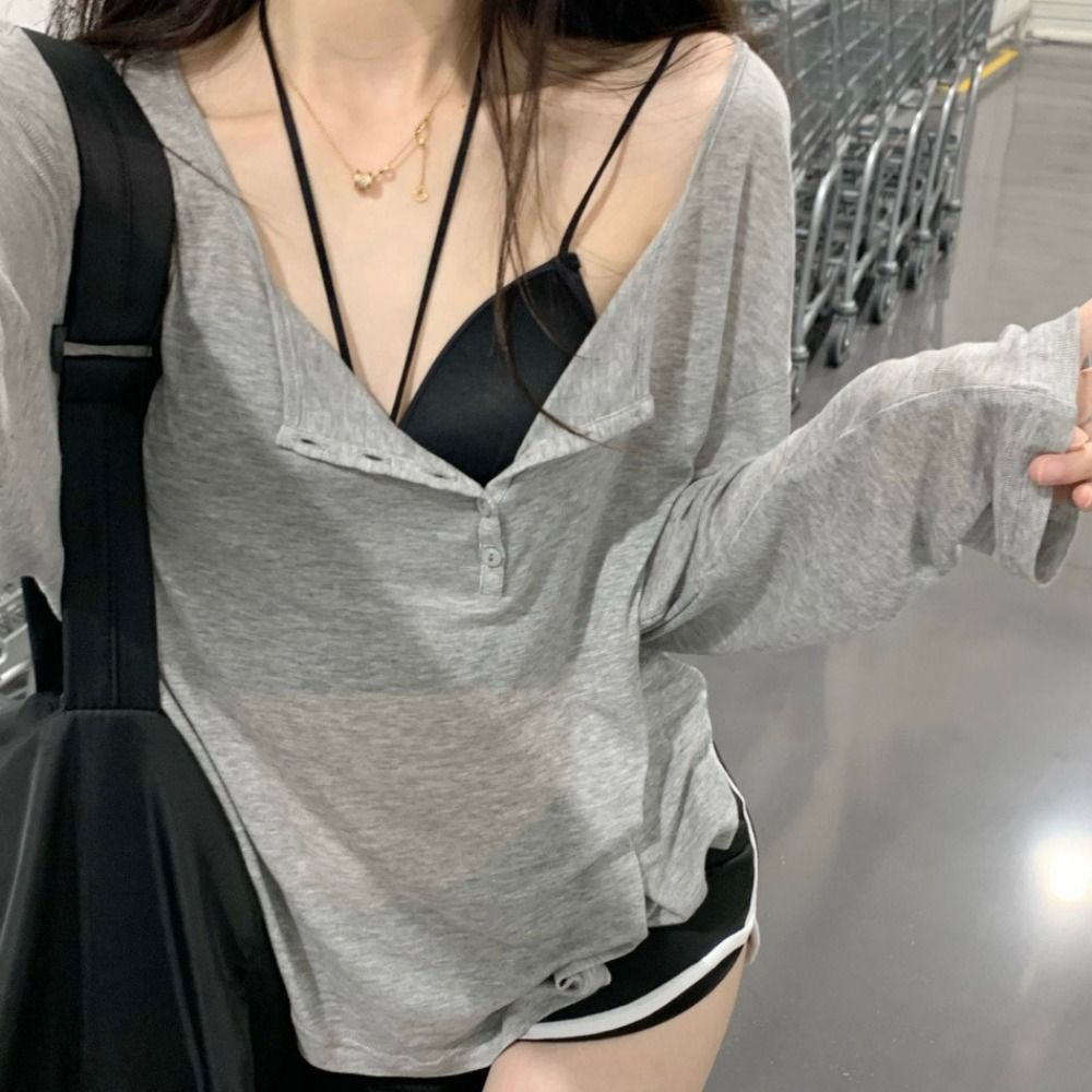 Mode coréenne Y2k, débardeur à boutons, col en V, crop top, t-shirts à manches longues pour femme