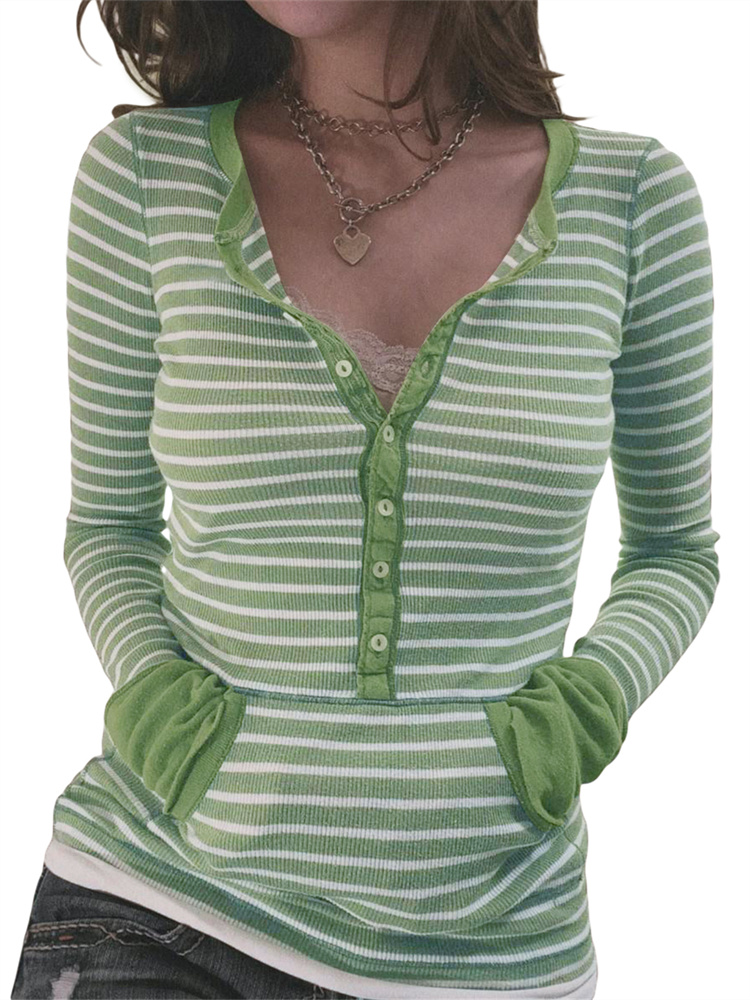 T-shirt en tricot rayé à manches longues pour femmes, chemises à col boutonné, esthétique des années 2000, grunge gothique décontracté, Y2K, automne