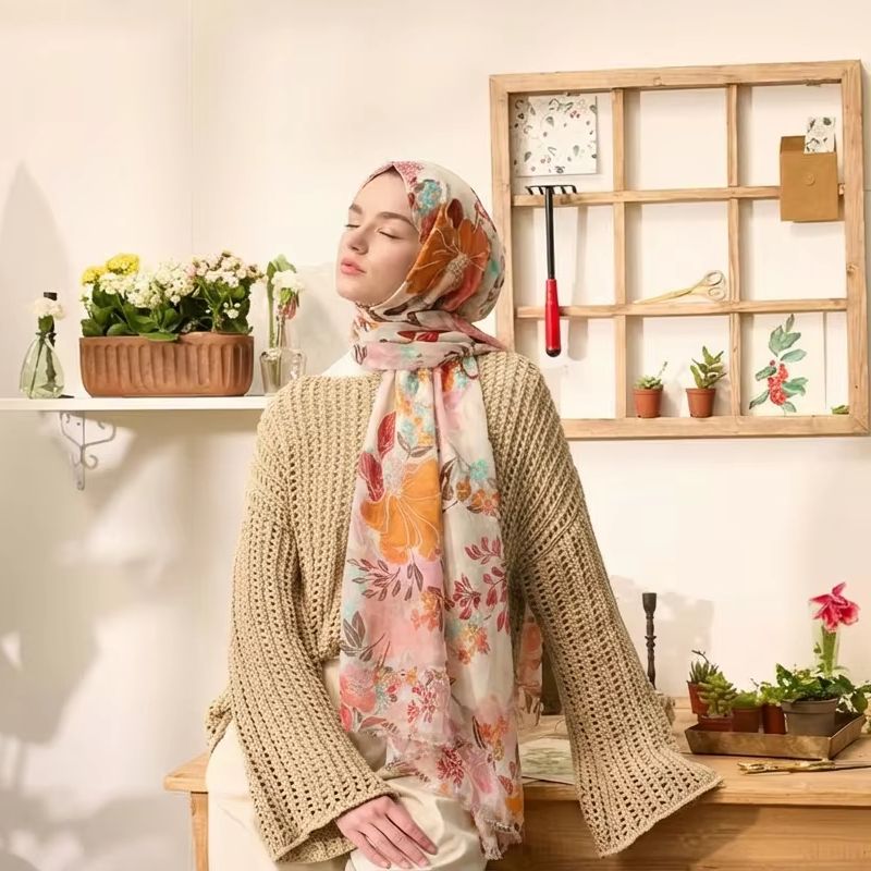 Écharpe en Viscose de Coton pour Femme Musulmane, Foulard Floral Ombré, Type Hijab de Plage, Châles et Enveloppes de Styliste