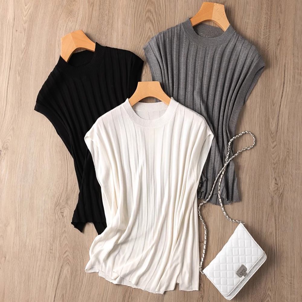 Gilet sans manches pour femme, pull en tricot, débardeur côtelé, extensible, col rond, mélange de soie de mûrier
