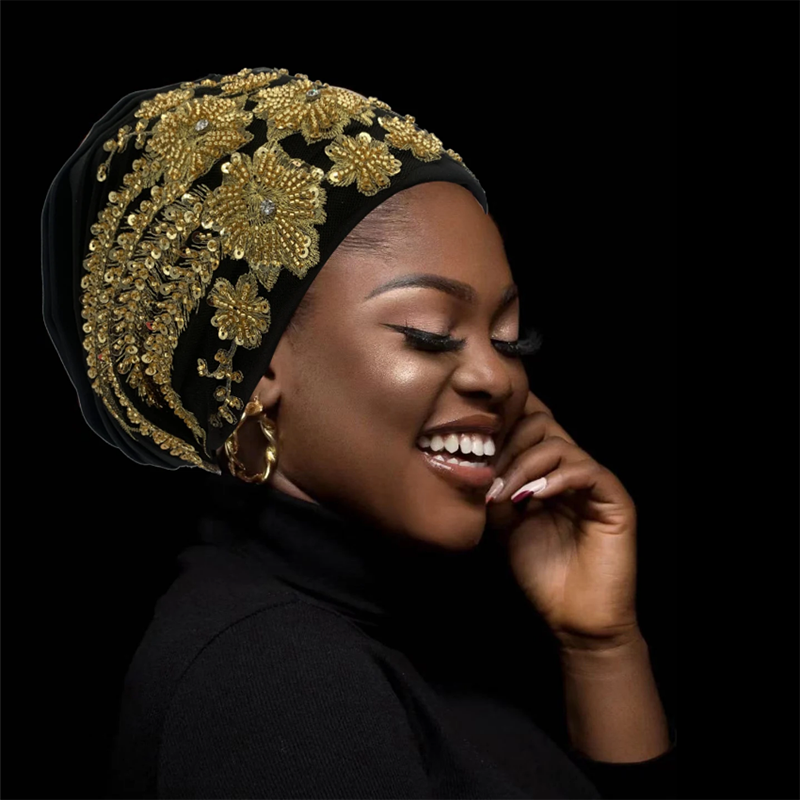 Africain femme enveloppement tête Bonnet musulman Turban chapeau dame tête enveloppes paillettes Luminescence perles plissé Turban casquette pour les femmes
