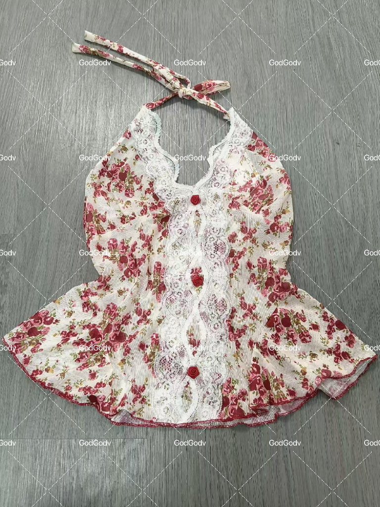 2025 été femme Floral licou dentelle Blouse 2025 Vintage Sexy Slim Fit fée mode coréenne femme hauts tenues Style élégant