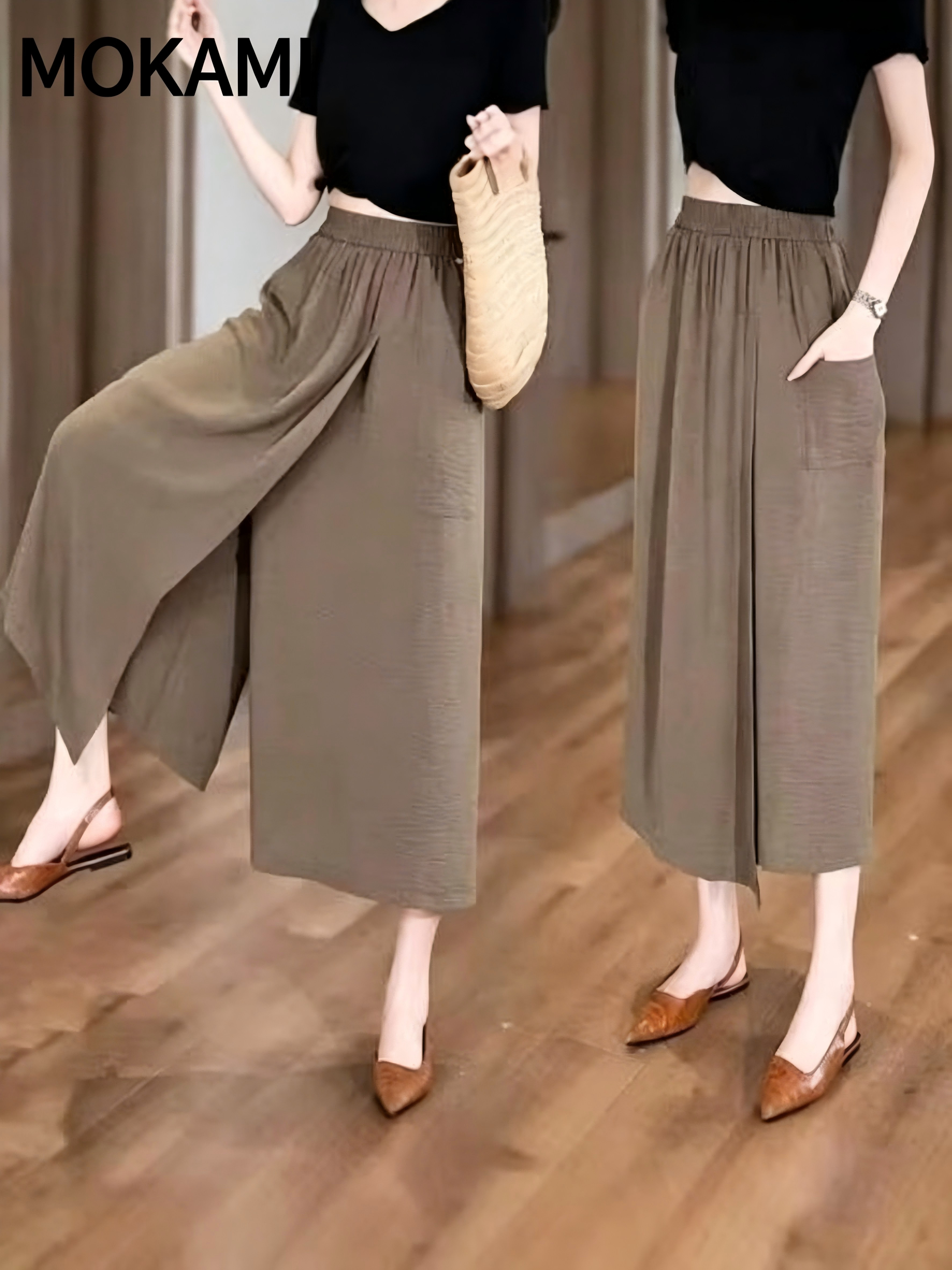 Jupe-pantalon décontractée asymétrique taille haute amincissante, coupe ample, matière fine, style décontracté confortable, pantalon à jambes larges pour grandes tailles