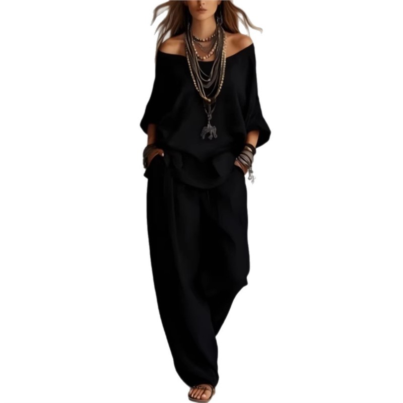 Ensemble décontracté deux pièces pour femme, haut à manches trois-quarts et pantalon large à une épaule, en lin uni, nouvelle collection été 2026