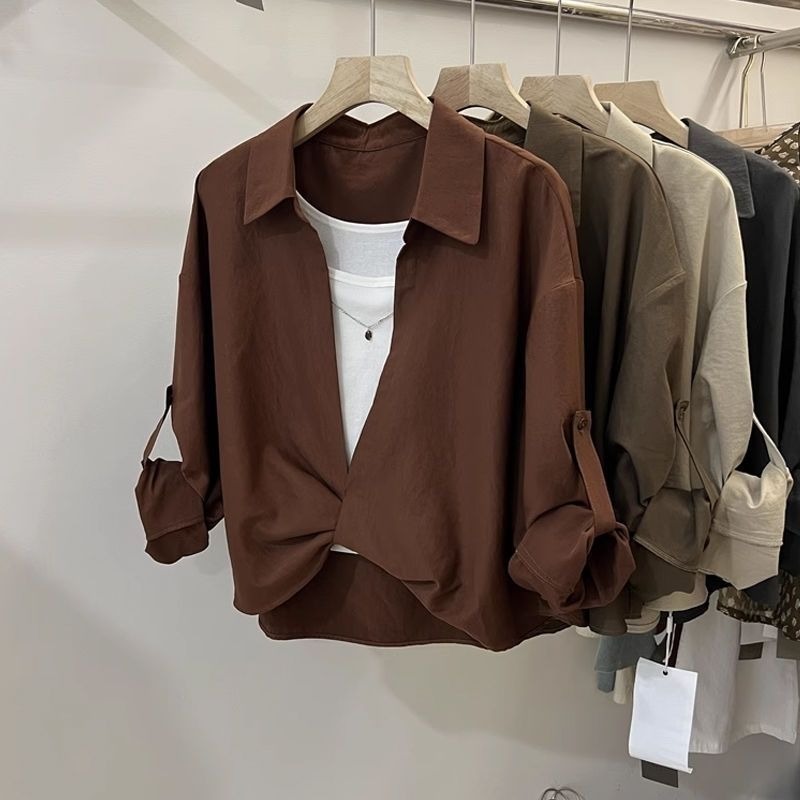 Mode simplicité élégant tendance printemps été pull hauts à manches longues col polo faux deux chemises à manches longues pour les femmes