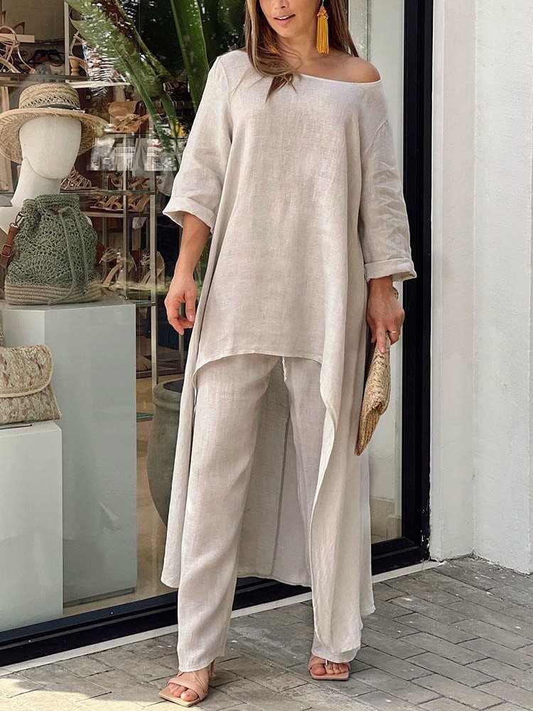 Ensemble pantalon Long en coton et lin pour femmes, mode solide, décontracté, hauts irréguliers, jambes larges, costumes de bureau, ensemble deux pièces, vêtements