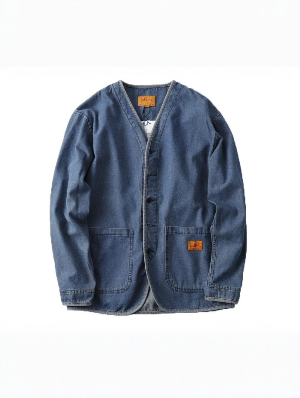 Veste en jean rétro japonaise pour homme, style workwear, délavée, sans col, pour le printemps