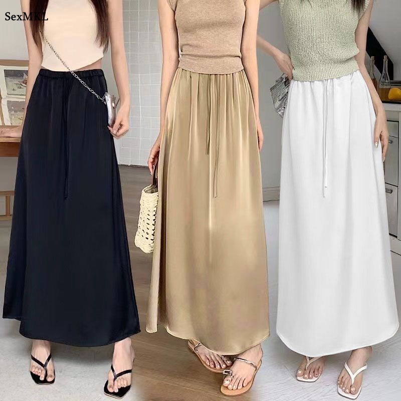 Jupe longue décontractée taille haute en satin pour femme, coupe ample trapèze Y2K, style vintage en soie noire ou blanche, longueur midi, Harajuku