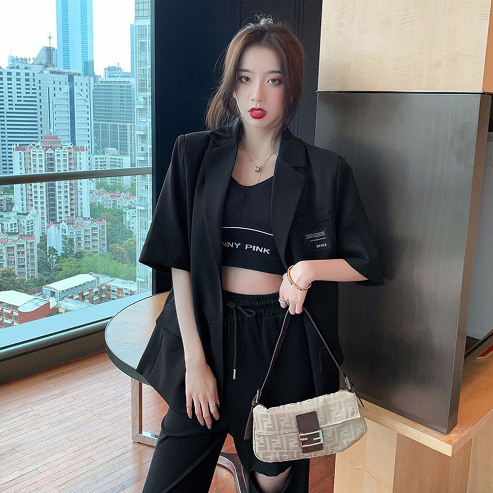 Blazer à Manches Courtes pour Femme, Veste d'Été Respirée, Mode Coréenne, Combishort, Poches Fines à lèvent en Y