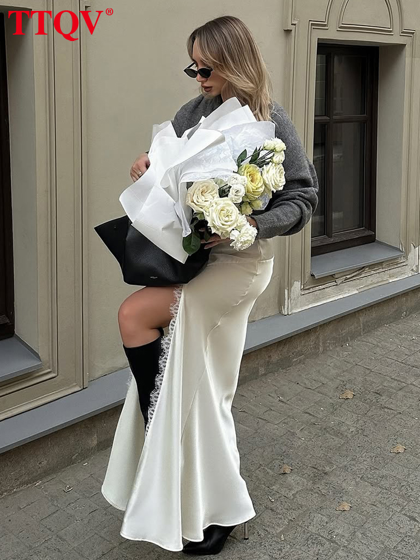 TTQV – jupe longue en Satin blanc pour femmes, ample, Sexy, taille haute, élégante, classique, fendue, vêtements féminins, 2026