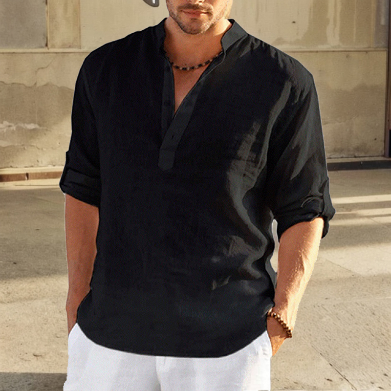 Chemise en lin de coton pour hommes, chemisier décontracté, col montant, t-shirt à manches longues pur, beau haut ajusté, vêtements pour hommes, mode