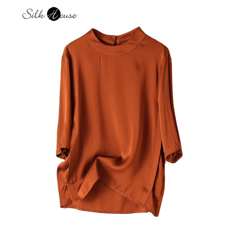 T-shirt à manches mi-longues en Satin élastique pour femmes, vêtements à la mode, haut de gamme, lourd, 91.4% soie de mûrier naturelle, couleur unie