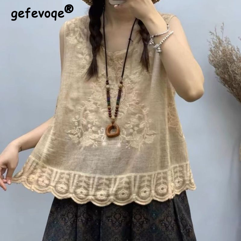 Vêtements Vintage en Dentelle Brodée pour Femme, Coton Solide, Précieux, Décontracté, Col Rond, Fin, Glace de Plage, Été, 2024