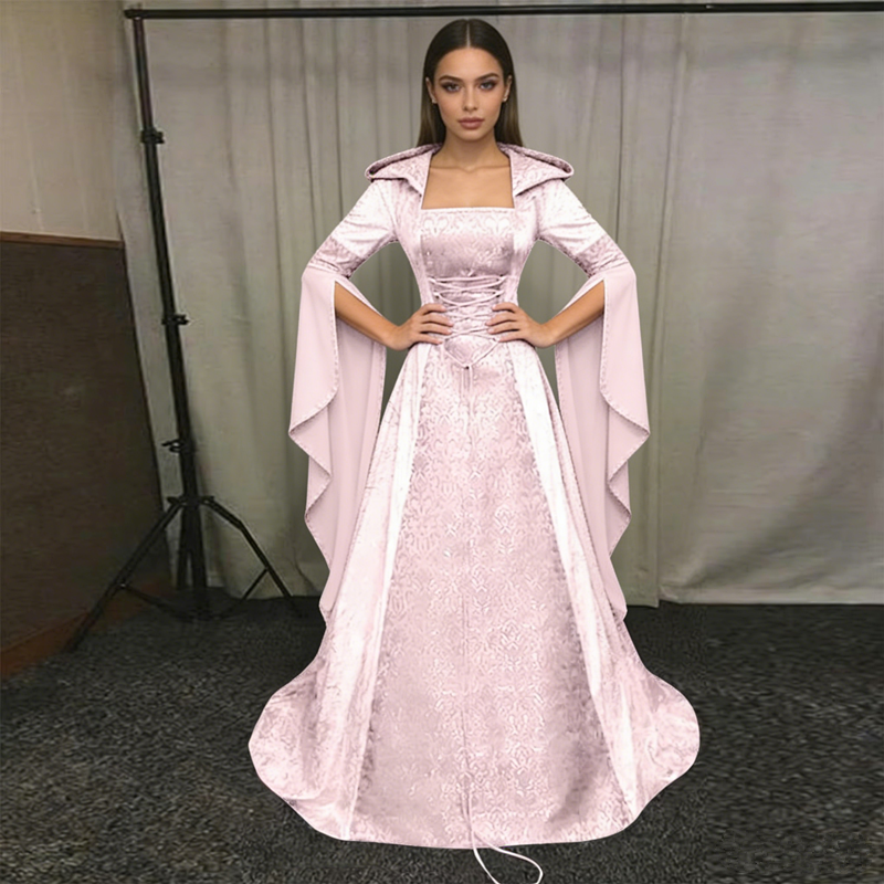Robe de mariée de style rétro médiéval, robe à capuche, robe à taille cintrée, cosplay, Halloween, robe à capuche pour femme, costume de jeu de rôle HQ001