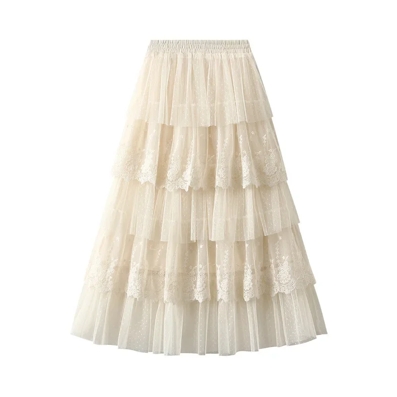 Élégante jupe longue en mousseline patchwork de dentelle, nouvelle jupe plissée taille haute en maille superposée, ligne A romantique à pois pour l'été 0208