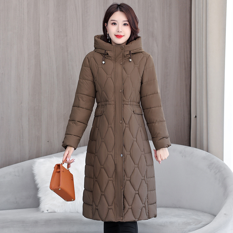 2025 mode hiver manteaux longs Parkas femmes vers le bas coton rembourré veste épaissir chaud pardessus diamant Texture vêtements d'extérieur à capuche