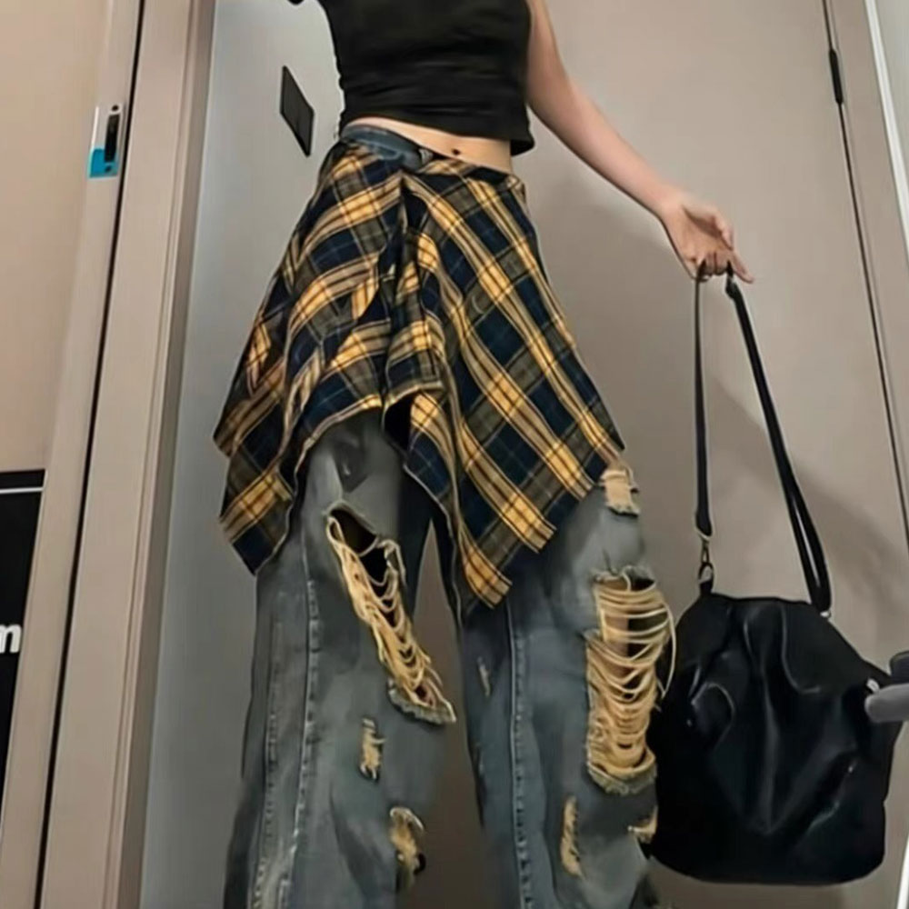 Jupe cache-hanches à carreaux, jupe à taille nouée irrégulière, jupe à carreaux avec ceinture, jupe superposée, accessoires de style streetwear Y2K.