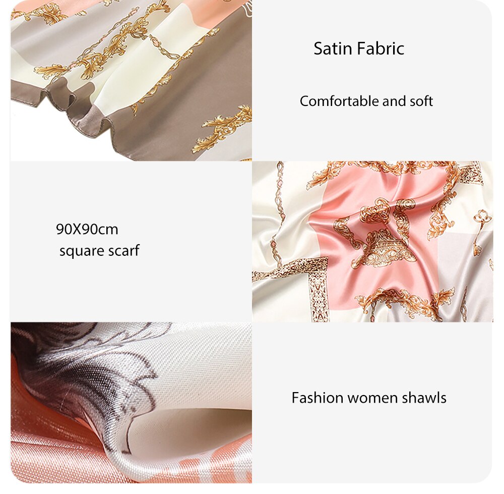 Écharpe carrée en satin de soie de 90 cm, motif vintage, foulard musulman pour femmes, bandeau pour cheveux, dernier modèle, 90*90 cm