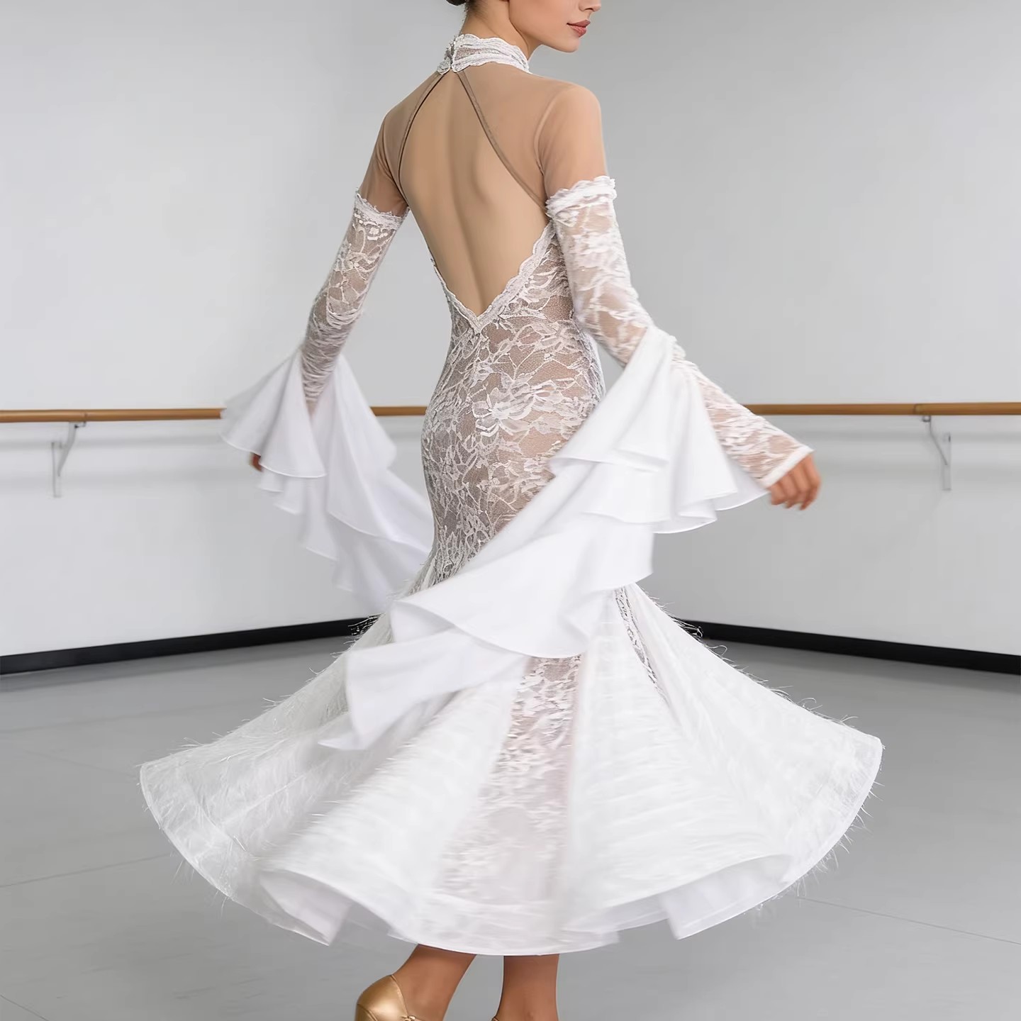 Robe de danse de salon élégante pour femmes, en dentelle blanche, col haut, style sirène, pour la danse de valse, tango moderne, costumes de compétition avec manches à volants