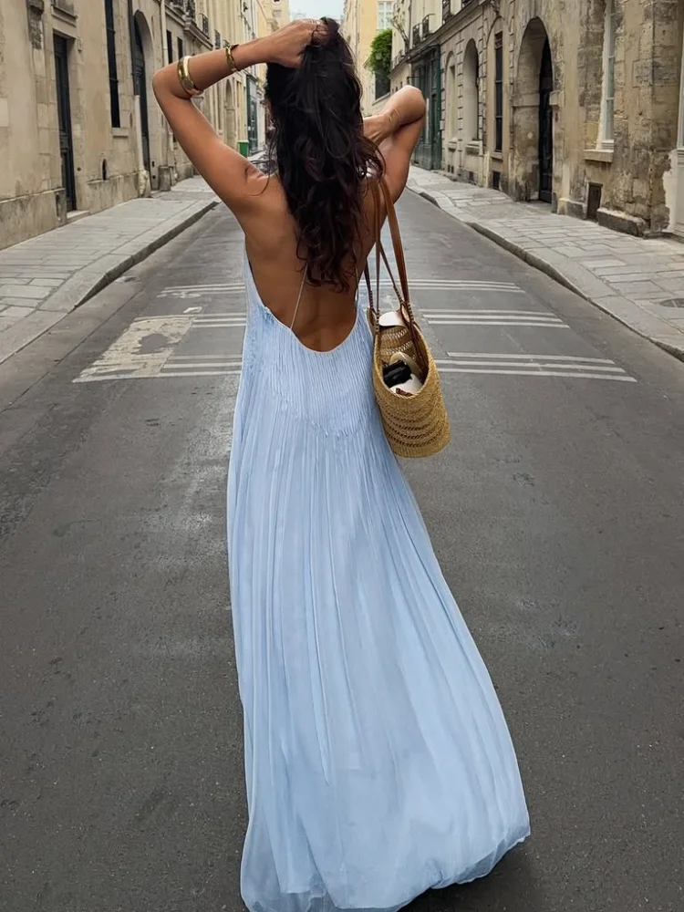 Robes de soirée élégantes pour femmes, sexy, unies, sans manches, plissées, longues, de plage, à bretelles, dos nu, coupe ajustée, pour l'été.