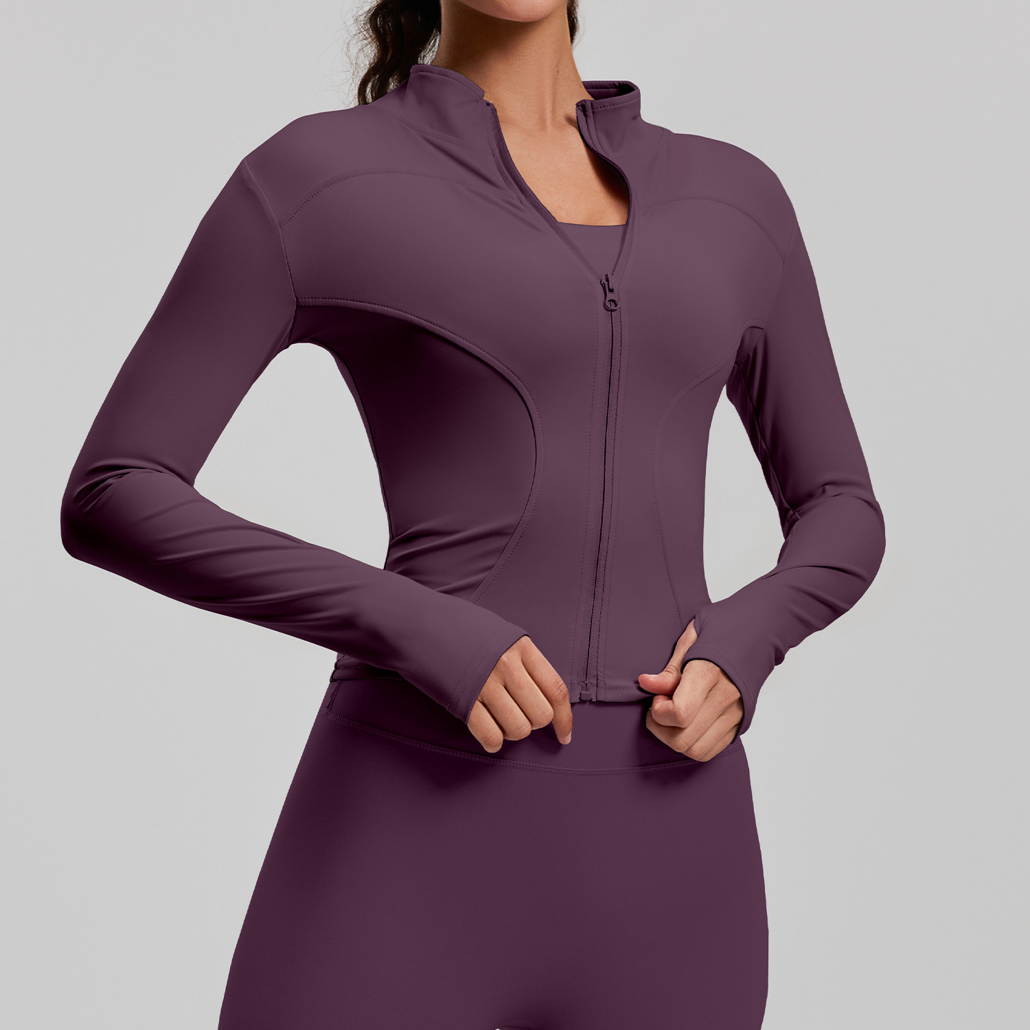Veste de sport pour femmes : Veste amincissante à coupe ajustée avec col montant, fermeture éclair, gants sans doigts, haut de yoga, vêtements de fitness et de yoga.