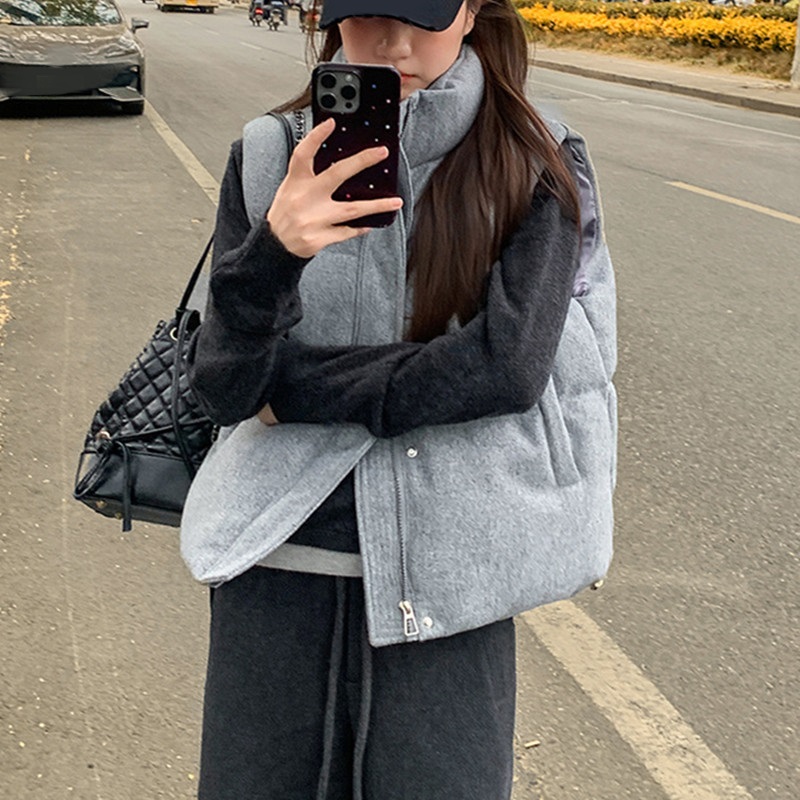 Gilet court en coton pour femme, nouvelle mode coréenne, sans manches, col montant, fermeture éclair, noir et gris, automne hiver