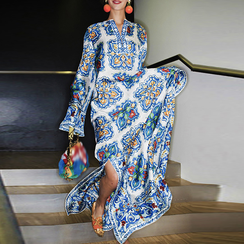 Robe bohème à manches longues pour femmes, motif vintage imprimé, taille haute, décontracté, fente latérale, robes de plage, nouveau, 2025