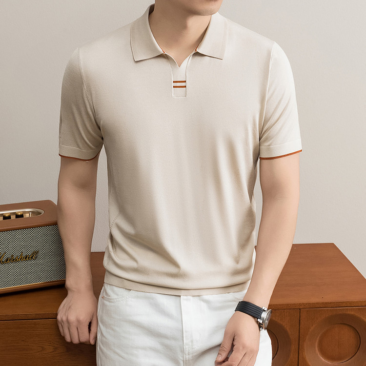 Polo tricoté respirant pour homme, manches courtes, collection Printemps-Été 2026, en Lyocell 43,9 %, soie de mûrier 2,5 %, lin 2,1 %