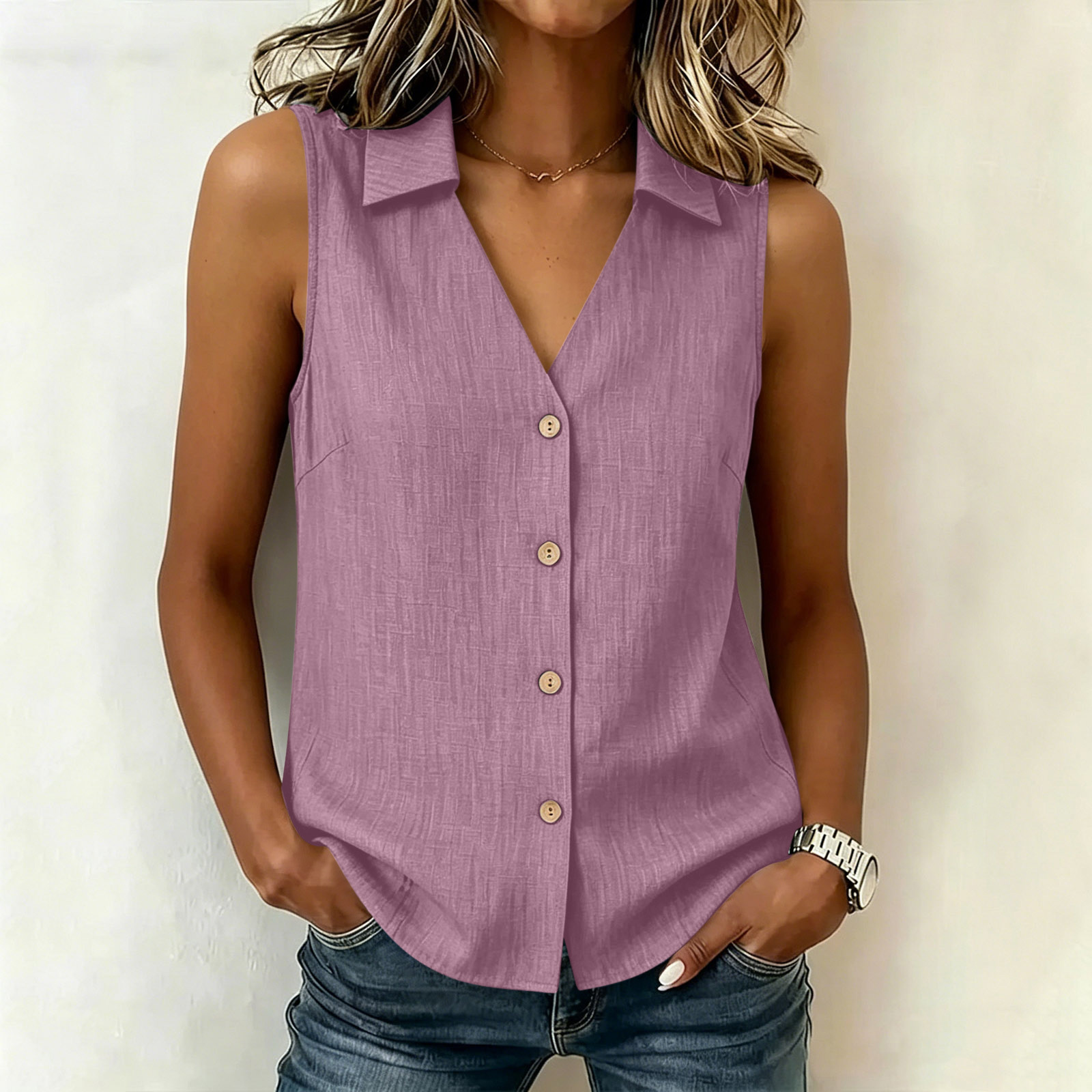 Chemisier sans manches boutonné pour femme, col en V, couleur unie, coupe ample, style OL, été RZYPFS-XY230512-2