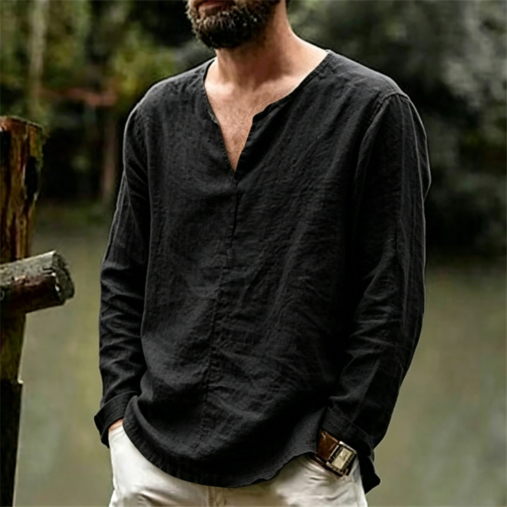 T-shirt à manches longues en coton et lin pour homme, couleur unie, respirant, léger, décontracté, confortable, style simple, hauts basiques pour homme