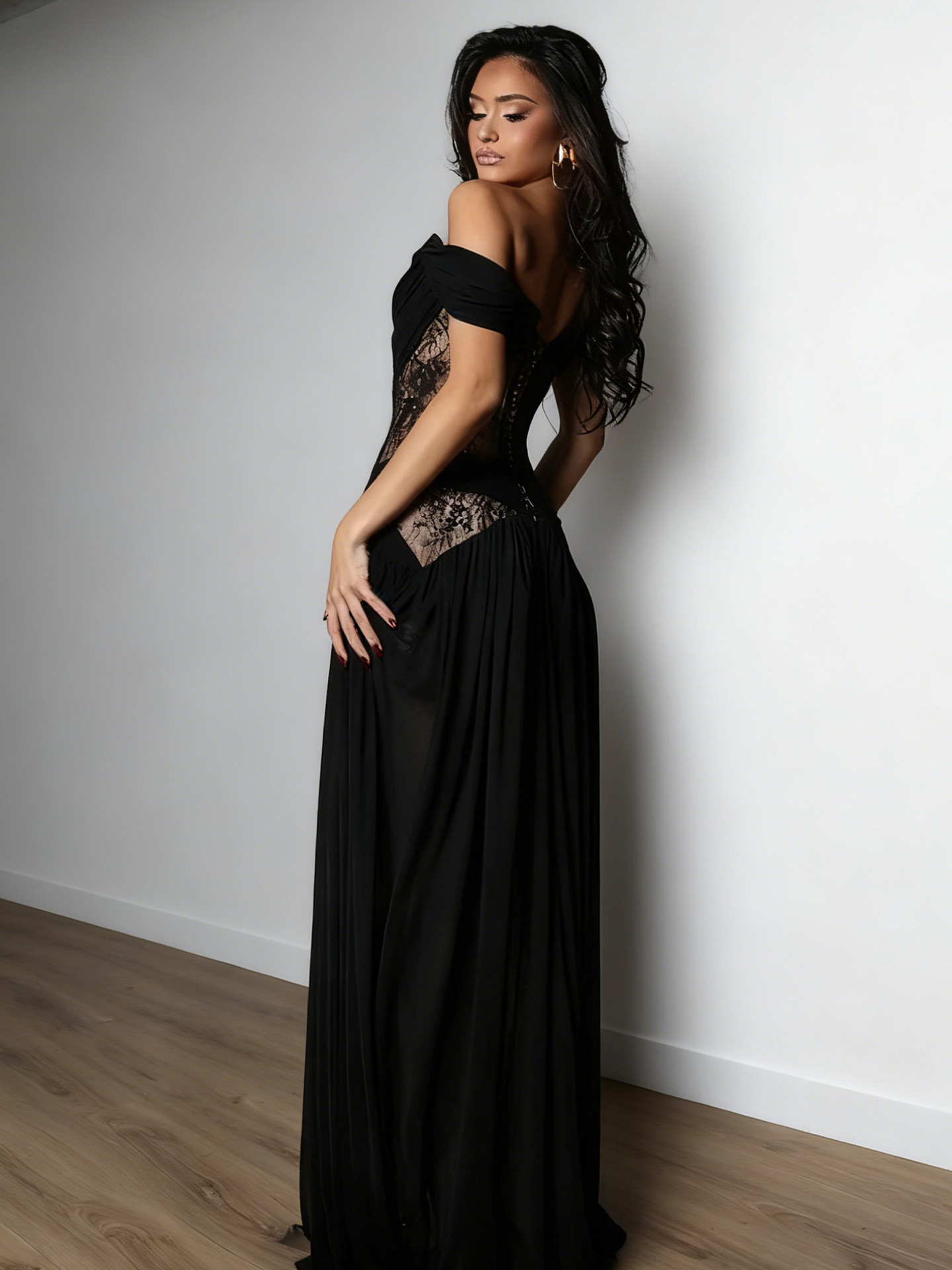 Robe longue élégante HG avec patchwork en dentelle, fente, sans bretelles, sexy, épaules dénudées, taille haute, nouvelle tendance, style gothique Y2K pour soirée