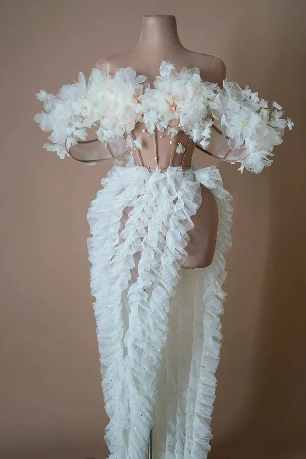 Robe en dentelle blanche à sequins pour femmes, haut et jupe sexy, tenues de fête d'anniversaire, mariage sur scène, drag queen, 303, 2 pièces
