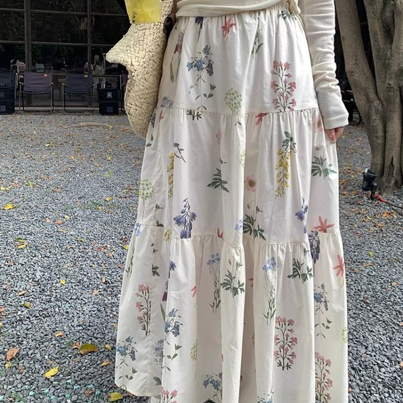Jupe trapèze florale décontractée pour femmes, robe mi-longue amincissante, taille haute, été 2025