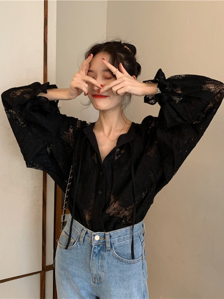 Blouses pour femmes 2026, manches longues, en dentelle, col en V, chemises amples d'automne, broderie lourde, transparentes, style vintage