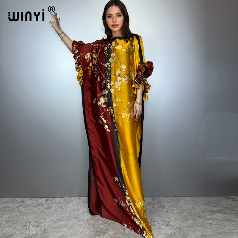 WINYI Robe de soirée bohème d'été, Kaftan ample imprimé de luxe pour femme, Vêtement musulman, Robe de plage pour les vacances, Caftan tendance
