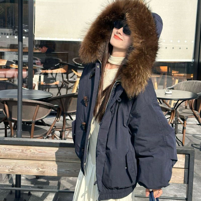 Hiver 2026 Nouvelle Veste Chaude en Coton Matelassé pour Femmes, Chic, à Capuche en Corne, Grand Col en Fourrure, Manteau Parka, Doudoune, Vêtement d'Extérieur Rembourré en Coton