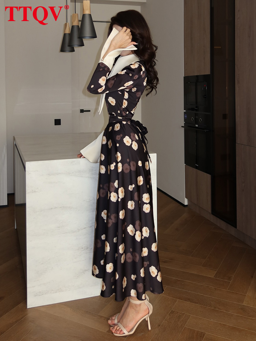 Robe Femme TTQV Tendance Imprimée Coupe Slim 2026 Automne Col Revers Manches Longues Longueur Cheville Élégante Classique Taille Haute
