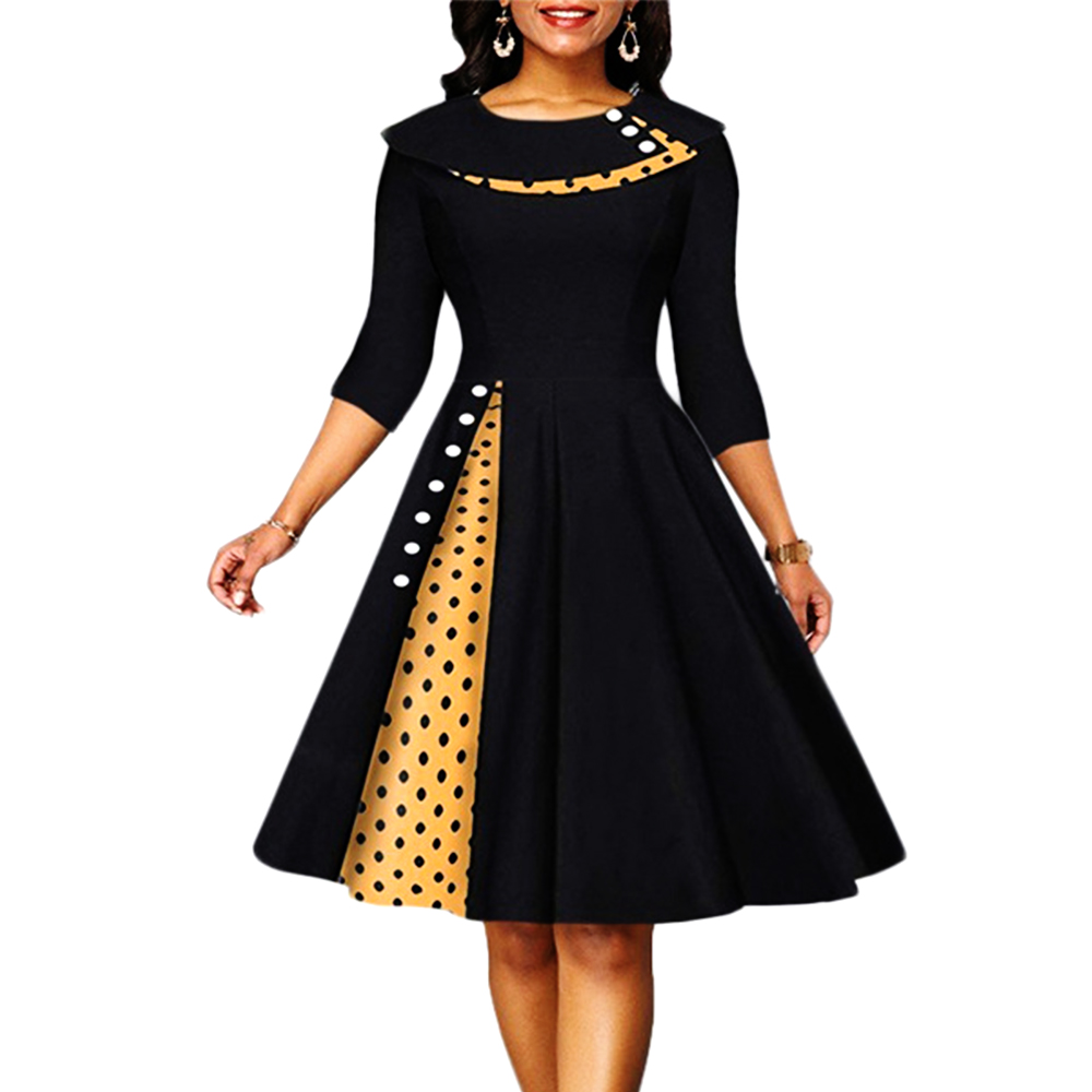 Robe Vintage pour femmes Rockabilly à pois imprimé Sexy Patchwork à manches longues taille haute balançoire décontracté fête Midi robes Robe