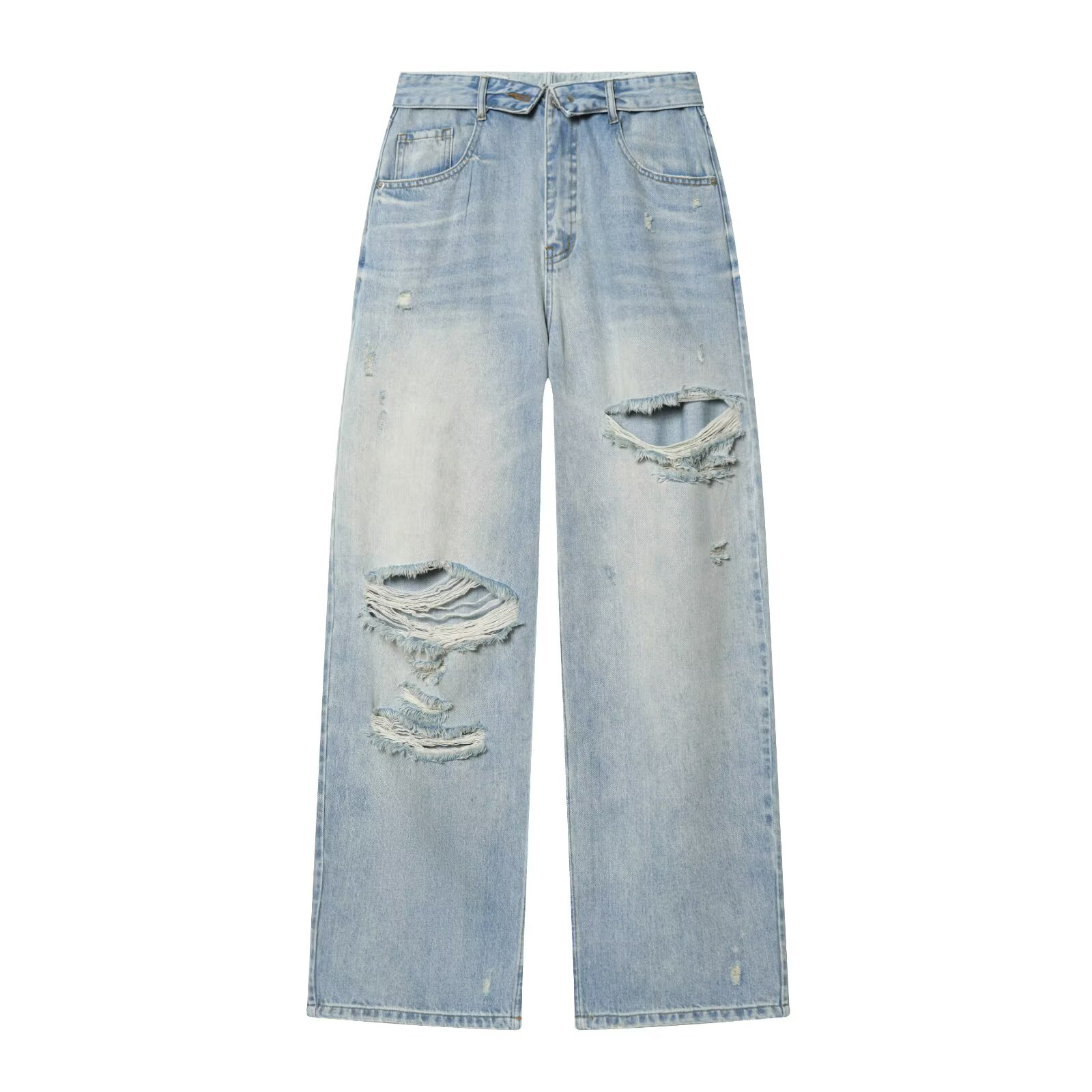 Pantalon en jean déchiré et à bords effilochés taille mi-haute pour femme, style européen et américain, nouvelle collection printemps/été 2026
