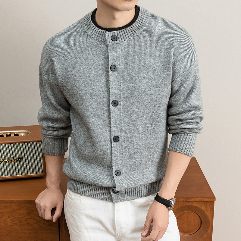 Cardigan décontracté pour homme, pull tricoté à col rond boutonné, doux et chaud, couleur unie, manches longues, vêtements polyvalents pour homme