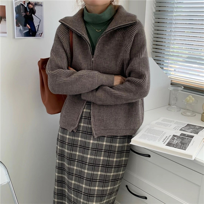 Cardigan ouvert Chic pour femmes, fermeture éclair Unique, tricoté, ample, pour automne hiver, Style coréen, offre spéciale, col rabattu, Simple, solide