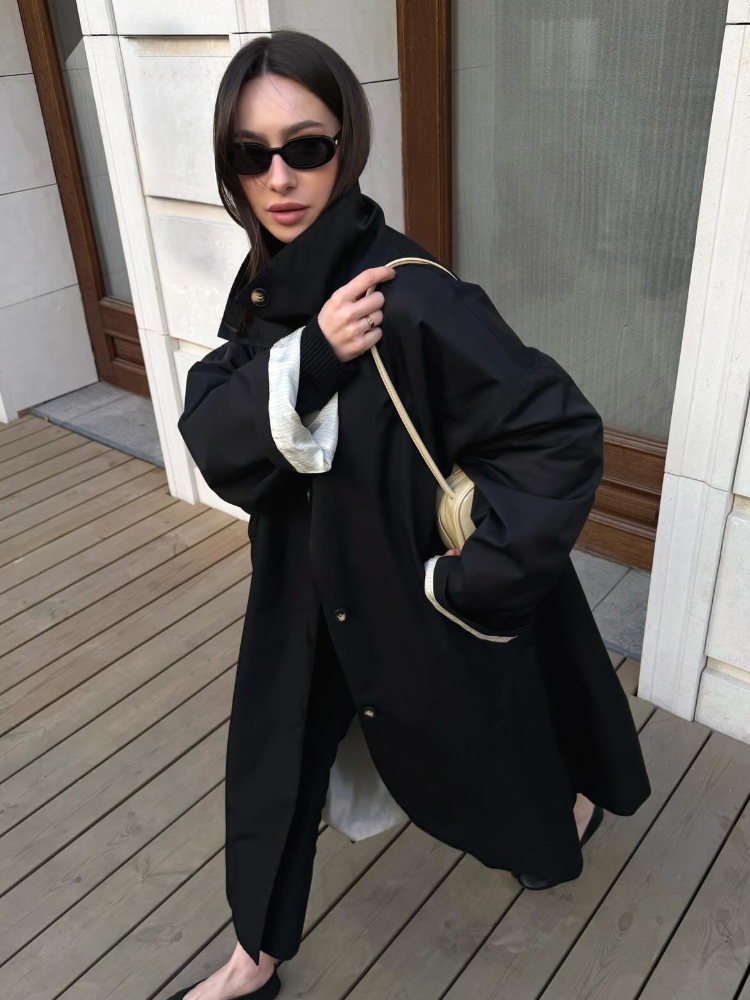 Manteau trench mi-long pour femme, col montant, simple boutonnage, manches longues, coupe droite oversize, automne, décontracté, polyvalent, streetwear