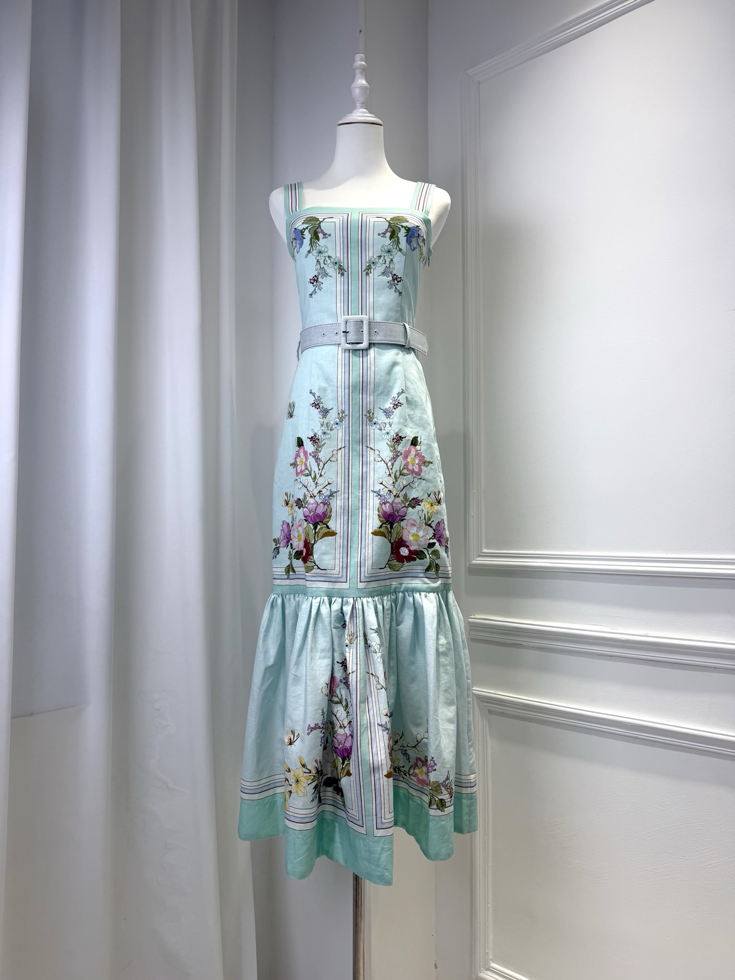 Robe longue à imprimé floral pour femmes, mélange de coton, col carré, sans manches, taille haute, robe décontractée pour femmes avec ceinture