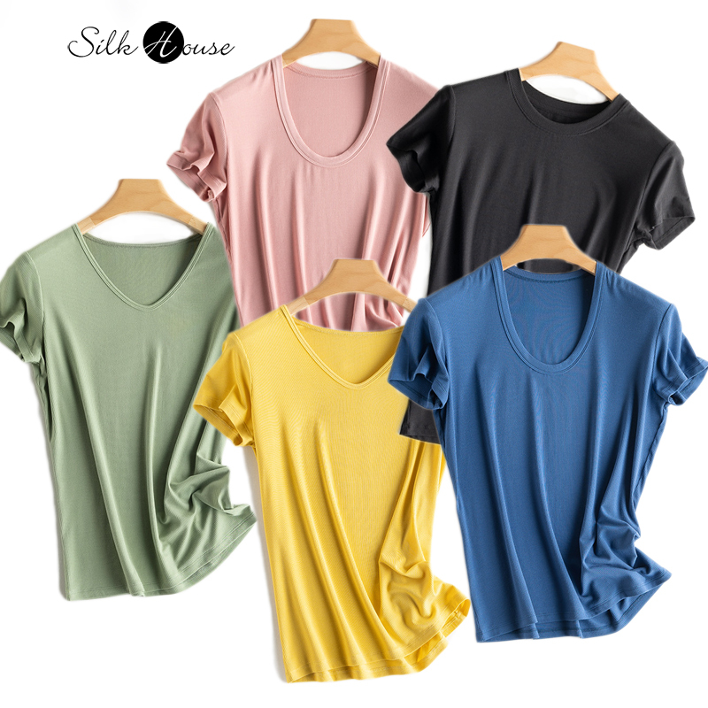 2025 haut tendance pour femmes printemps/été nouveau ajustement Sexy soie glace respirant solide ample à manches courtes T-shirt vêtements pour les femmes
