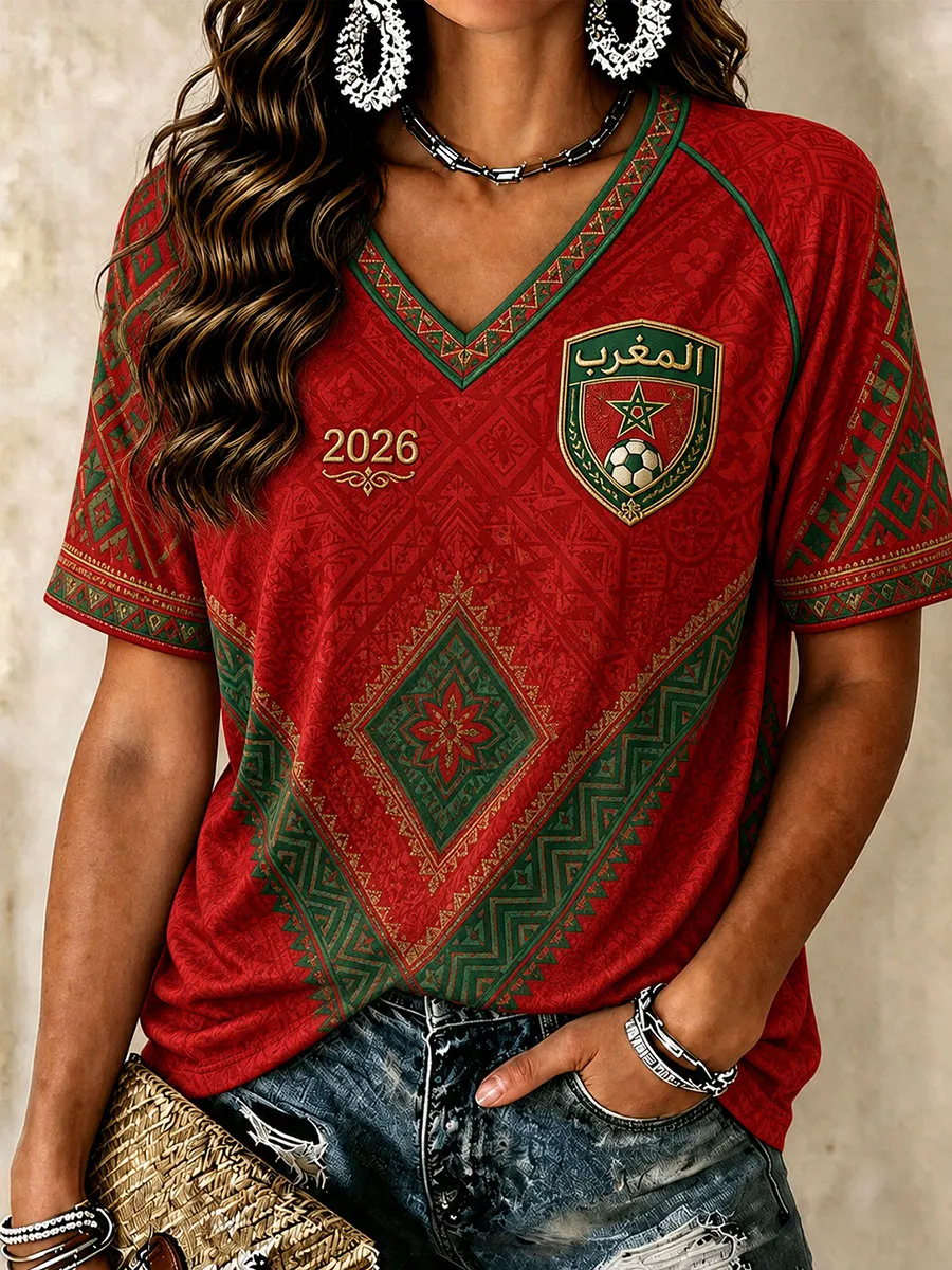 T-shirts de football marocains pour femmes, col en V, t-shirt culturel sur le thème du football